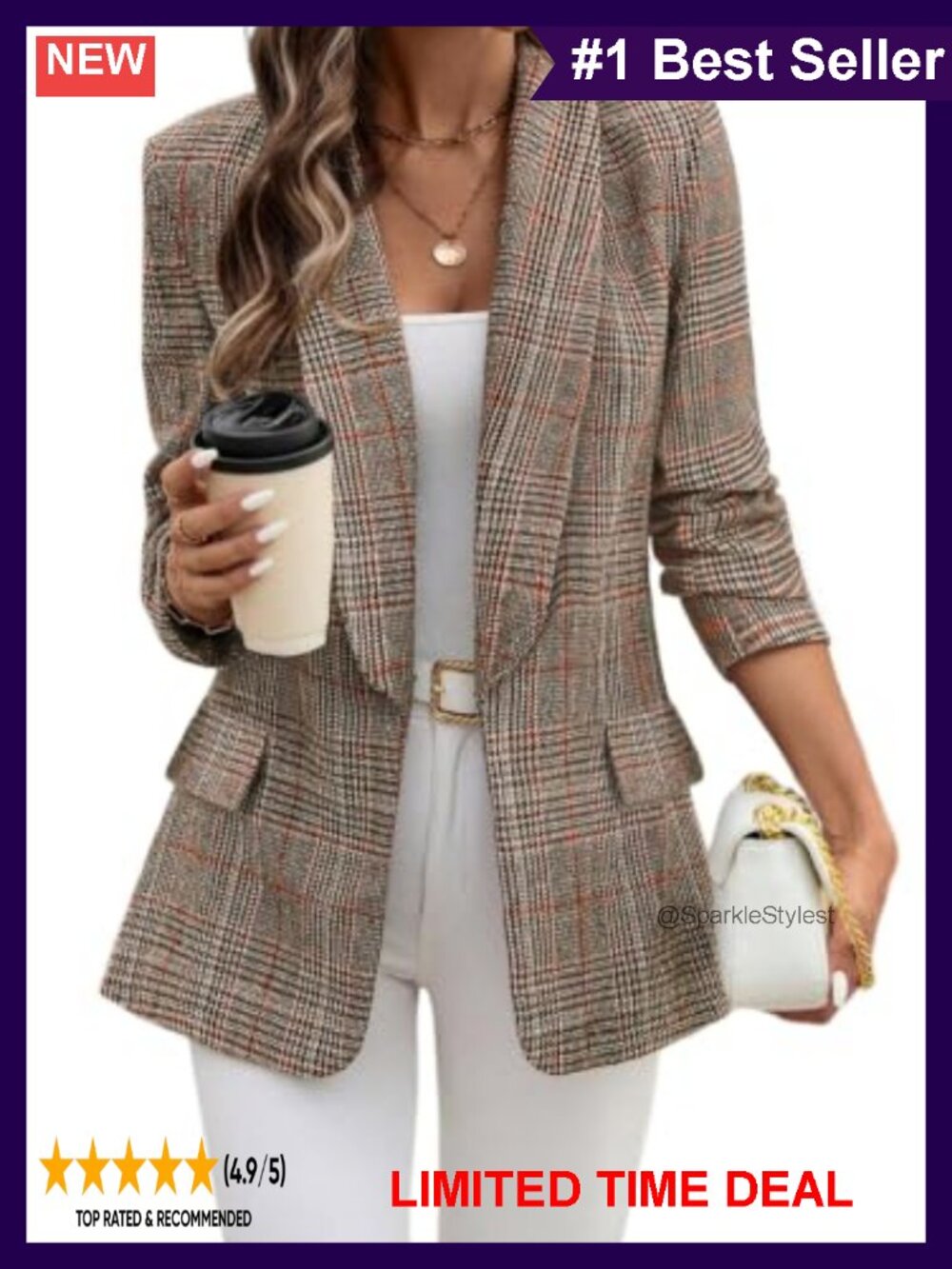 Shawl Collar Plaid Blazer Open Front Business Casual Polyester